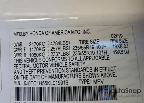 2019 Acura Rdx Technology from USA, damaged, VIN 5J8TC1H55KL019916